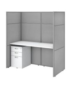 Bush Business Furniture Easy Office 60inW Cubicle Desk Workstation With File Cabinet And 66inH Closed Panels, Pure White/Silver Gray, Standard Delivery