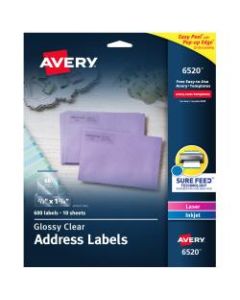Avery Glossy Permanent Labels, 6520, Mailing, 11/16in x 1 3/4in, Clear, Pack Of 600