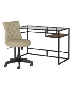 Bush Furniture Anthropology 48inW Glass Top Writing Desk With Mid-Back Tufted Office Chair, Rustic Brown Embossed, Standard Delivery