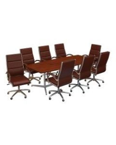 Bush Business Furniture 96inW x 42inD Boat Shaped Conference Table with Metal Base and Set of 8 High Back Office Chairs, Hansen Cherry, Standard Delivery