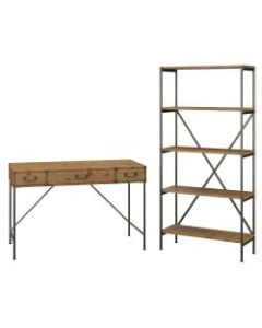 kathy ireland Home by Bush Furniture Ironworks 48inW Writing Desk with Drawers and 5 Shelf Etagere Bookcase, Vintage Golden Pine, Standard Delivery