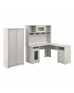 Bush Furniture Cabot L-Shaped Desk With Hutch And Tall Storage Cabinet With Doors, Linen White Oak, Standard Delivery