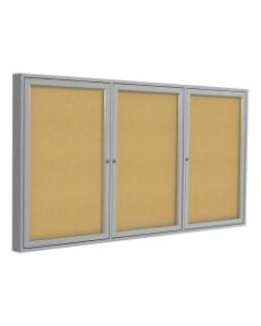 Ghent 3-Door Enclosed Cork Bulletin Board, 48in x 96in, Natural, Satin Aluminum Frame