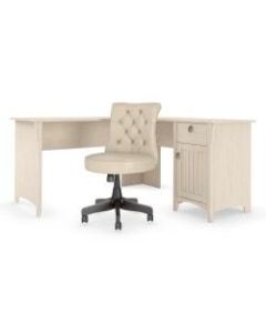 Bush Furniture Salinas 60inW L-Shaped Desk With Mid-Back Tufted Office Chair, Antique White, Standard Delivery