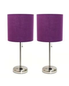 LimeLights Stick Desktop Lamps With Charging Outlets, 19-1/2in, Purple Shade/Brushed Nickel Base, Set Of 2 Lamps