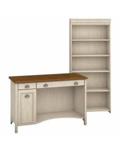 Bush Furniture Fairview Computer Desk And 5 Shelf Bookcase, Antique White/Tea Maple, Standard Delivery