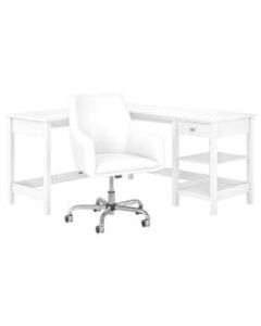 Bush Furniture Broadview 60inW L-Shaped Computer Desk With Storage And Mid-Back Leather Box Chair, Pure White, Standard Delivery