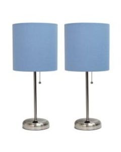 LimeLights Stick Desktop Lamps With Charging Outlets, 19-1/2in, Blue Shade/Brushed Nickel Base, Set Of 2 Lamps