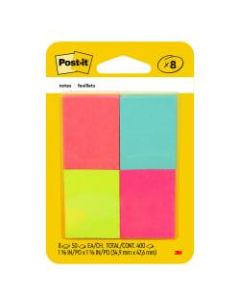 Self stick notes in small 1 3/8 in. x 1 7/8 in. size. Eight pads per pack, 50 sheets per pad