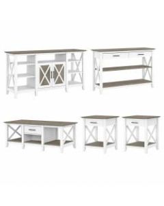 Bush Furniture Key West Tall TV Stand With Coffee Table, Console Table And Set Of 2 End Tables, Shiplap Gray/Pure White, Standard Delivery