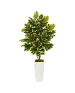 Nearly Natural 4ftH Plastic Variegated Rubber Leaf Plant With Tower Vase, Green/White