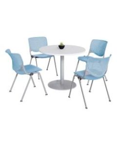 KFI Studios KOOL Round Pedestal Table With 4 Stacking Chairs, White/Sky Blue