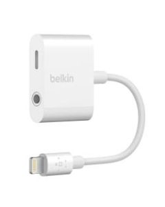 Belkin Audio + Charge RockStar 3.5 mm Adapter For Lightning-Enabled Devices, 5.7inH x 2.1inW x 5.7inD, White, F8J212BTWHT