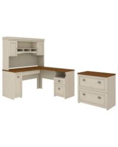Bush Furniture Fairview 60inW L-Shaped Desk With Hutch And Lateral File Cabinet, Antique White/Tea Maple, Standard Delivery