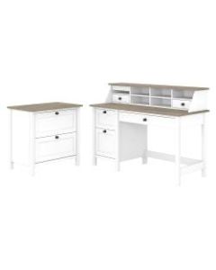 Bush Furniture Mayfield 54inW Computer Desk With Drawers, Desktop Organizer And Lateral File Cabinet, Pure White/Shiplap Gray, Standard Delivery
