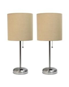 LimeLights Stick Desktop Lamps With Charging Outlets, 19-1/2in, Tan Shade/Brushed Nickel Base, Set Of 2 Lamps