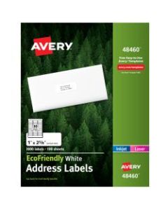 Avery Easy Peel EcoFriendly Permanent Inkjet/Laser Address Labels, 48460, 1in x 2 5/8in, 100% Recycled, White, Pack Of 3,000