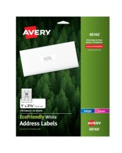 Avery Easy Peel EcoFriendly Permanent Inkjet/Laser Address Labels, 48160, 1in x 2 5/8in, 100% Recycled, White, Pack Of 750