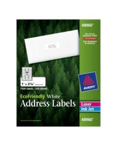 Avery Easy Peel EcoFriendly Permanent Inkjet/Laser Address Labels, 48960, 1in x 2 5/8in, 100% Recycled, White, Pack Of 7,500