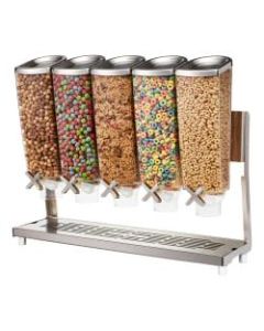 Rosseto Serving Solutions EZ-PRO Dry Food Dispenser, 5-Container, Cereal, Tabletop Stand With Catch Tray, 640 Oz, Clear/Stainless
