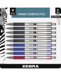 Zebra Pen BCA F-301 Stainless Steel Ballpoint Pens - Fine Pen Point - Refillable - Retractable - Black - Stainless Steel Barrel - 9 / Pack