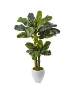 Nearly Natural 5ftH Polyester Double-Stalk Banana Tree With Clay Planter, Green/White