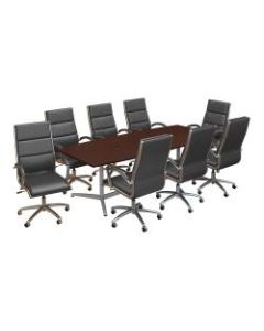 Bush Business Furniture 96inW x 42inD Boat Shaped Conference Table with Metal Base and Set of 8 High Back Office Chairs, Harvest Cherry, Standard Delivery