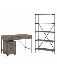 kathy ireland Home by Bush Furniture Ironworks 48inW Writing Desk With Mobile File Cabinet And 5-Shelf Bookcase, Restored Gray, Standard Delivery