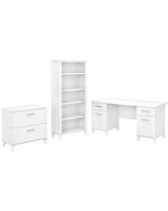 Bush Furniture 60inW Office Desk With Lateral File Cabinet And 5-Shelf Bookcase, White, Standard Delivery