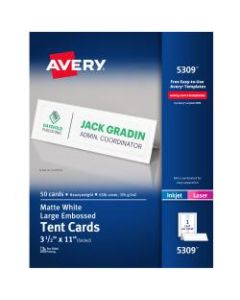 Avery Inkjet/Laser Tent Cards, Embossed, 3 1/2in x 11in, FSC Certified, White, Box Of 50
