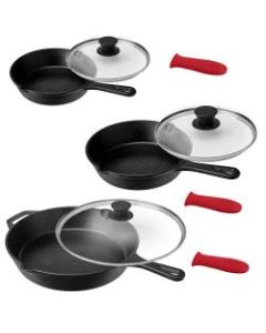 MegaChef Pre-Seasoned 9-Piece Cast Iron Skillet Set, Black/Red
