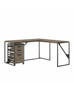 Bush Furniture Refinery 62inW L-Shaped Industrial Desk With 3-Drawer Mobile File Cabinet, Restored Gray, Standard Delivery