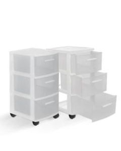 Inval MQ 3-Drawer Rolling Storage Cabinets, 25-1/2inH x 12-1/2inW x 14-1/2inD, White/Clear, Set Of 2 Cabinets