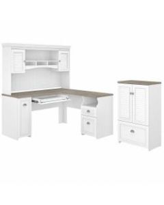 Bush Furniture Fairview 60inW L-Shaped Desk With Hutch And Storage Cabinet With File Drawer, Shiplap Gray/Pure White, Standard Delivery