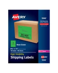 Avery High-Visibility Permanent Shipping Labels, 5940, 8 1/2in x 11in, Neon Green, Pack Of 100