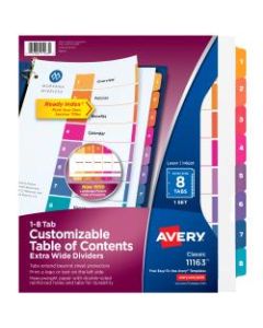 Avery Ready Index ExtraWide Table Of Contents Dividers, 1-8 Tabs, Multicolor