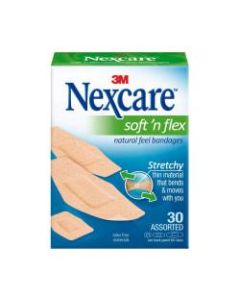 Nexcare Soft N Flex Bandages, Assorted - Assorted Sizes - 0.94in x 1.13in, 1.13in x 3in, 0.88in x 2.25in - 30/Box - 30 Per Box - Tan - Fabric