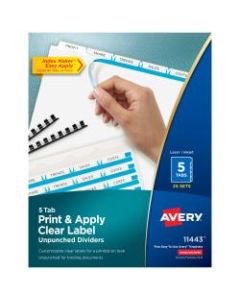 Avery Print & Apply Clear Label Dividers With Index Maker Easy Apply Printable Label Strip And White Tabs, Unpunched, 5-Tab, Box Of 25 Sets