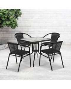 Flash Furniture Square Glass And Metal Table With 4 Rattan Stack Chairs, 28in, Clear/Black