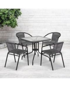 Flash Furniture Square Glass And Metal Table With 4 Rattan Stack Chairs, 28in, Clear/Gray