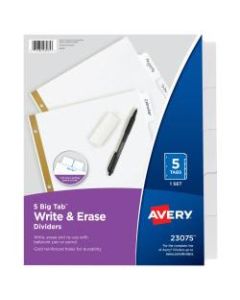 Avery Big Tab Write-On 20% Recycled Tab Dividers With Erasable Laminated Tabs, 5-Tab, White