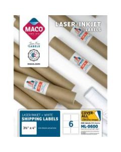 MACO White Laser/Ink Jet Shipping Labels, ML-0600, 3 21/64inW x 4inL, Rectangle, White, 6 Per Sheet, Box Of 600
