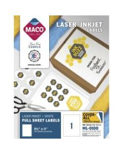 MACO White Laser/Ink Jet Full Sheet Labels, MML-0100, 8 1/2inW x 11inL, Rectangle, White, Box Of 100