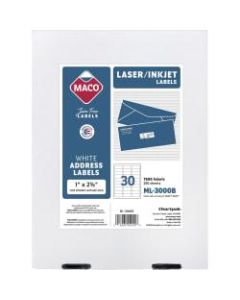 MACO White Laser/Ink Jet Address Labels, ML-3000B, Permanent Adhesive, 1inW x 2 5/8inL, Rectangle, White - 30 Per Sheet, Box Of 7,500