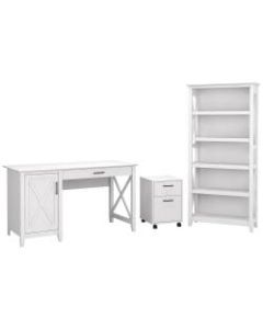 Bush Furniture Key West 54inW Computer Desk With 2-Drawer Mobile File Cabinet And 5-Shelf Bookcase, Pure White Oak, Standard Delivery