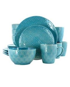 Elama 16-Piece Stoneware Dinnerware Set, Aqua Lily