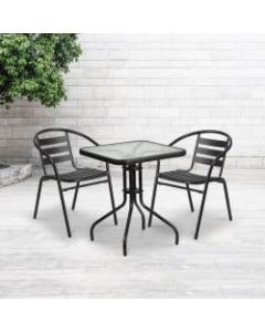 Flash Furniture Square Glass/Metal Table With 2 Slat-Back Stacking Chairs, 28in x 23-1/2in, Clear/Black