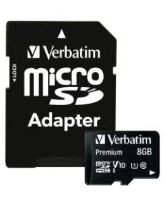Verbatim 8GB Premium microSDHC Memory Card with Adapter, UHS-I Class 10 - Class 10 - 80MBps Read - 80MBps Write1 Pack