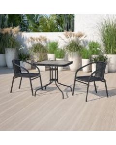 Flash Furniture Square Glass Metal Table With Rattan Edging And 2 Rattan Chairs, 28inH x 28inW x 28inD, Clear/Black