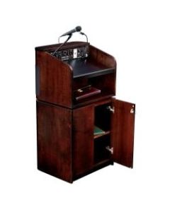 Oklahoma Sound Tabletop & Base Combo Sound Lectern With Tie Clip/Lavalier Wireless Microphone, Mahogany On Walnut